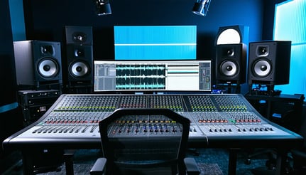 Music production studio with artists collaborating Music production studio with artists collaborating